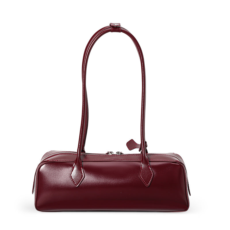Genuine Cowhide Womens Underarm Shoulder Bag,Smooth Glossy Barrel Handbag,Burgundy Vintage Commute Cylinder Purse