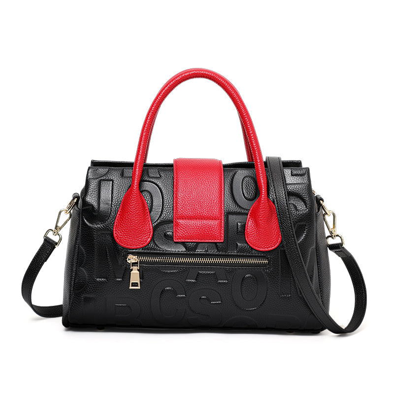 Genuine Cowhide Embossed Letter Color Block Womens Structured Pillow Handbag,Pebbled Multi Compartment Adjustable Crossbody Shoulder Bag