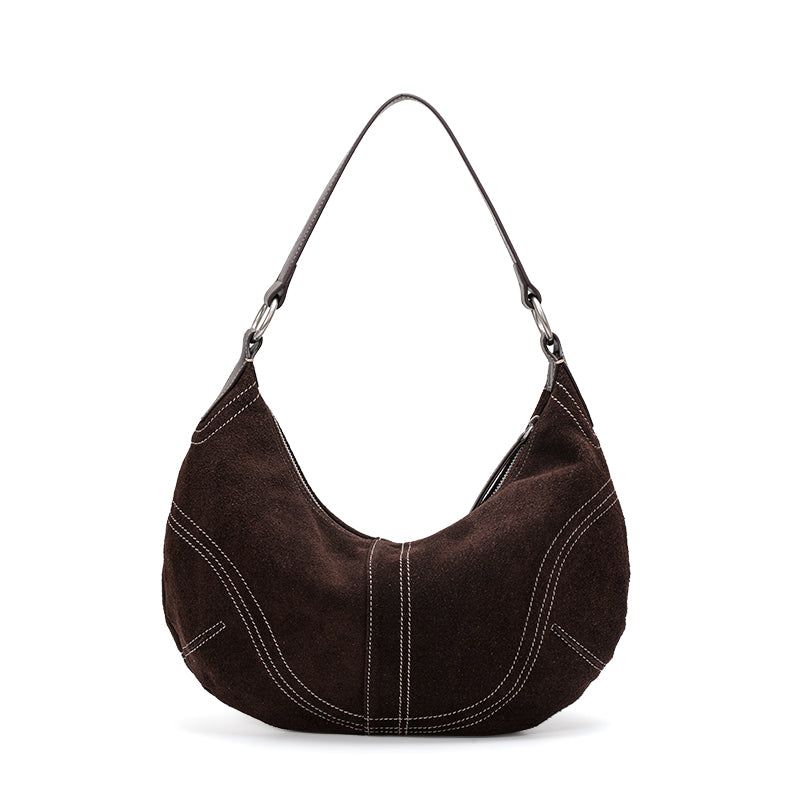 Genuine Suede Cowhide Womens Crescent Hobo Bag,Handheld Underarm Purse,Adjustable Strap Coffee Shoulder Bag