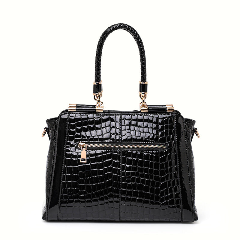 Genuine Cowhide Glossy Crocodile Embossed Womens Doctor Handbag,Black Multi Compartment Detachable Chain Single Shoulder Bag