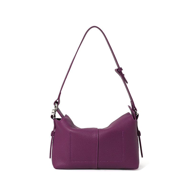 Genuine Cowhide Pebbled Horizontal Hobo Shoulder Bag,Adjustable Strap Extension Magnetic Flap Multi Compartment Womens Two Way Carry Purse