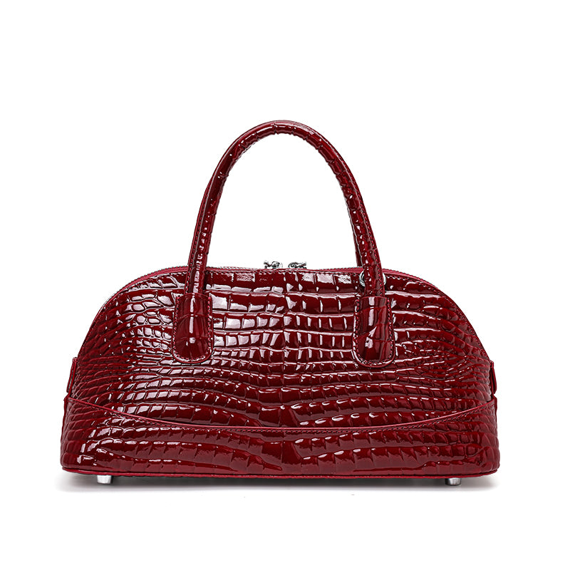Genuine Cowhide Womens Handheld Crossbody Bag,Glossy Crocodile Embossed Shell Purse,Detachable Strap Vintage Evening Handbag