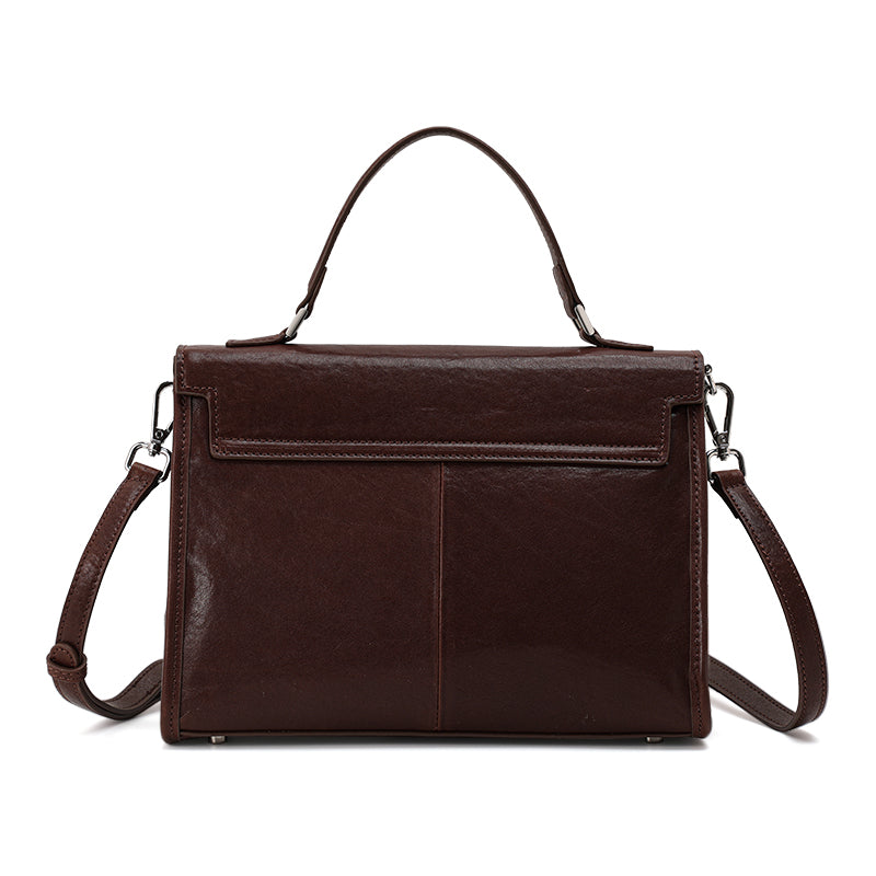 Genuine Cowhide Womens Flap Handbag,Waxed Crinkle Multi Compartment Satchel,Detachable Strap Crossbody Shoulder Bag