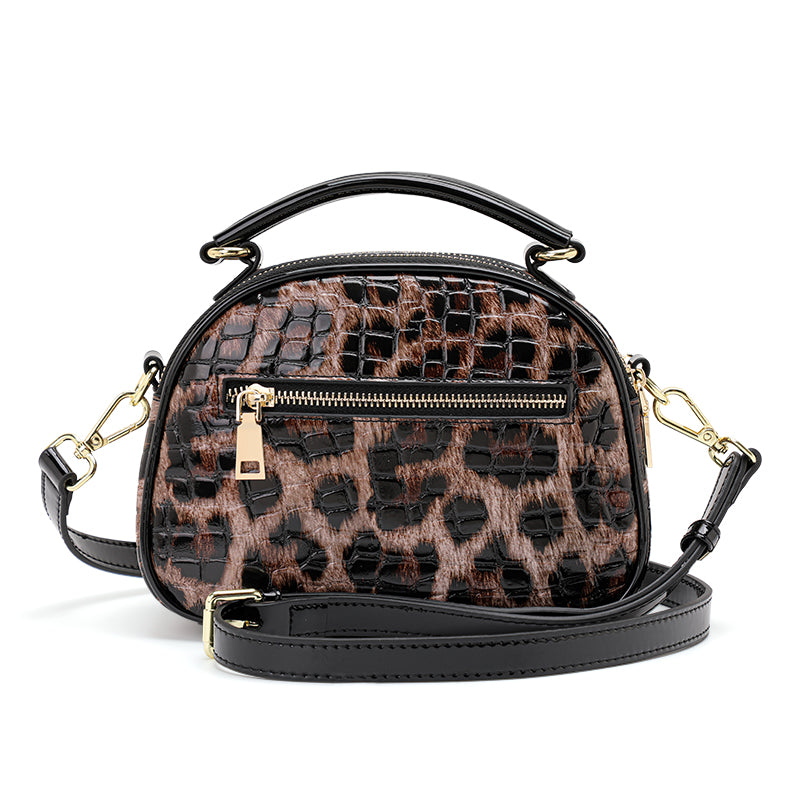 Genuine Cowhide Crocodile Leopard Print Womens Mini Oval Handbag,Glossy Multi Compartment Adjustable Crossbody Shoulder Bag
