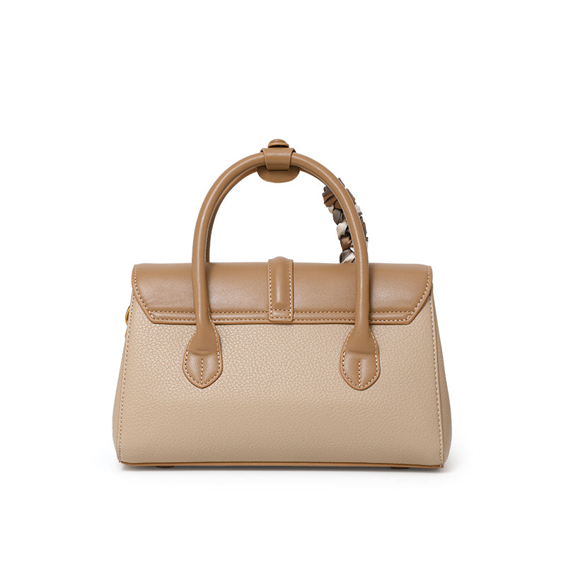 Genuine Cowhide Two Tone Pebbled Flap Handbag,Detachable Adjustable Crossbody Strap Twist Lock Multi Compartment Womens Two Way Carry Purse