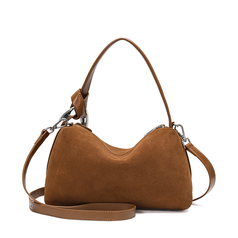 Genuine Suede Cowhide Womens Hobo Bag,Curved Crescent Handheld Purse,Detachable Strap Retro Caramel Coffee Crossbody Bag