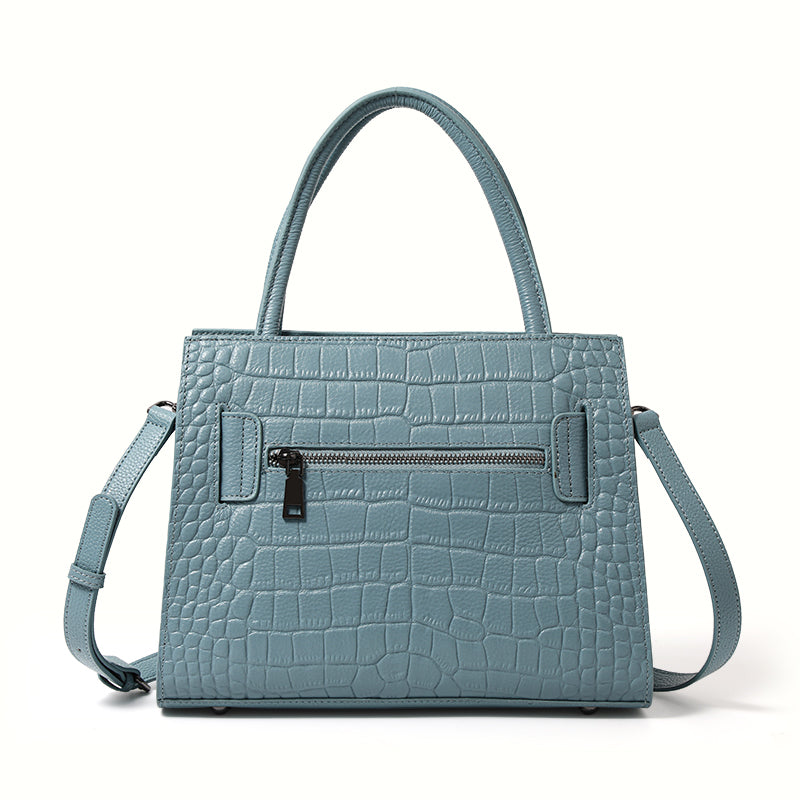 Genuine Cowhide Crocodile Embossed Womens Structured Tote Handbag,Two Color Multi Compartment Detachable Strap Shoulder Bag