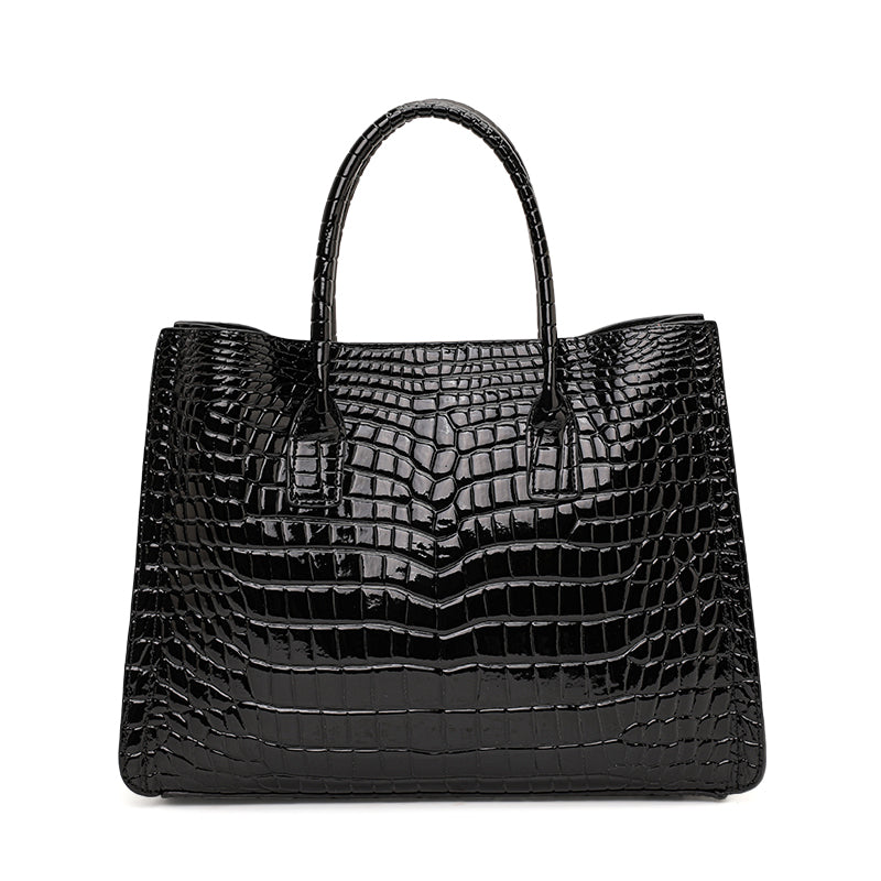 Genuine Cowhide Womens Tote Bag,Gloss Crocodile Embossed Structured Handbag,Detachable Strap Large Capacity Office Crossbody Purse