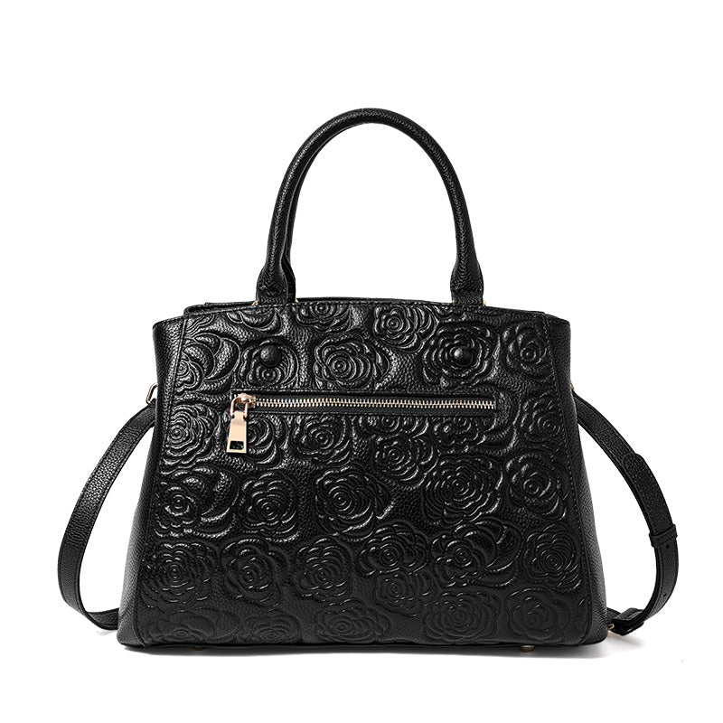 Genuine Cowhide Embossed Rose Floral Womens Commute Handbag,Horizontal Spacious Multi Pocket Business Crossbody Shoulder Tote Purse