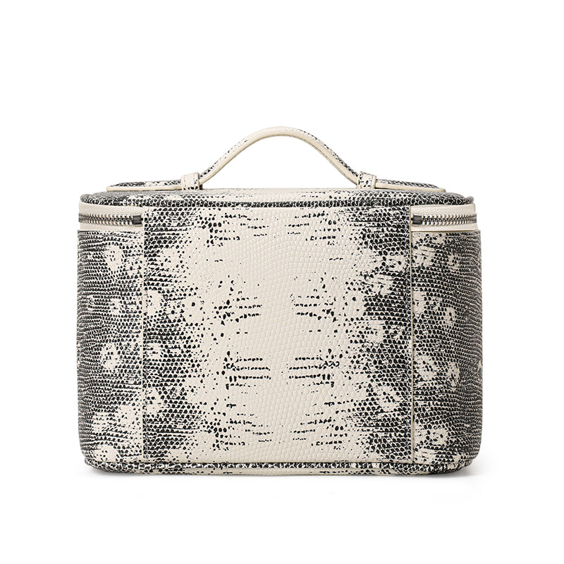 Genuine Cowhide Womens Makeup Case,Snake Print Handheld Cosmetic Organizer,Large Capacity Portable Travel Wash Bag