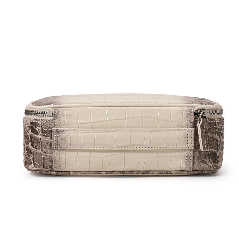Genuine Cowhide Womens Makeup Bag,Crocodile Embossed Portable Cosmetic Pouch,Mini Travel Skincare Storage Case