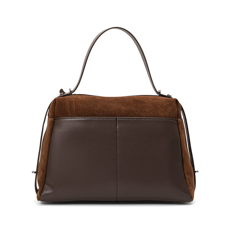 Genuine Suede Cowhide Womens Handheld Bag,Soft Horizontal Tote,Multi Compartment Vintage Daily Shoulder Purse