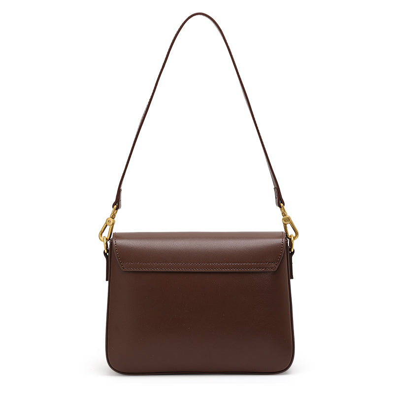 Genuine Cowhide Womens Shoulder Crossbody Bag,Smooth Plain Leather Flap Square Purse,Adjustable Strap Vintage Commute Handbag