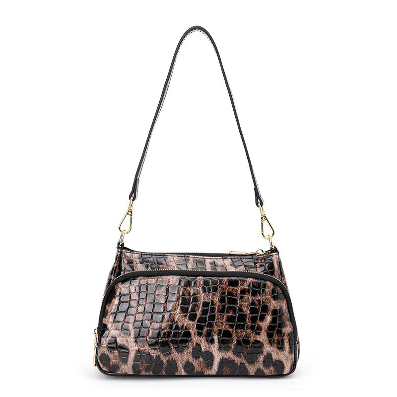 Genuine Cowhide Leopard Croc Embossed Womens Underarm Crossbody Bag,Adjustable Detachable Strap Multi Pocket Vintage Shoulder Purse