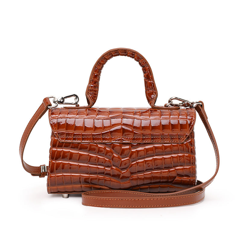 Genuine Cowhide Womens Handbag,Glossy Crocodile Embossed Mini Box Bag,Flip Lock Detachable Strap Crossbody Purse