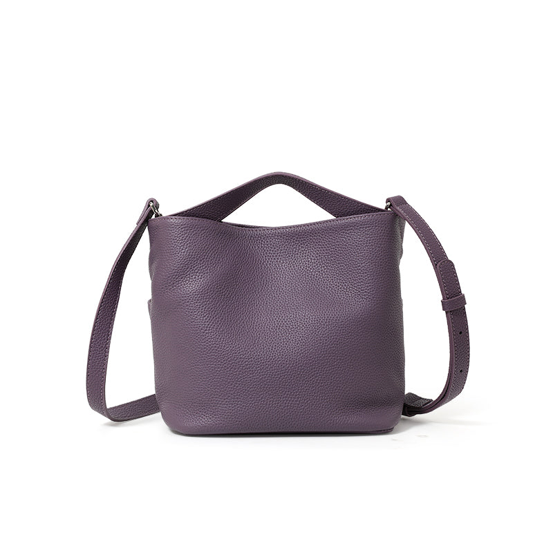 Genuine Cowhide Lightweight Mini Tote Handbag,Adjustable Shoulder Strap Open Top Multi Layer Storage Minimal Daily Womens Crossbody Bucket Bag