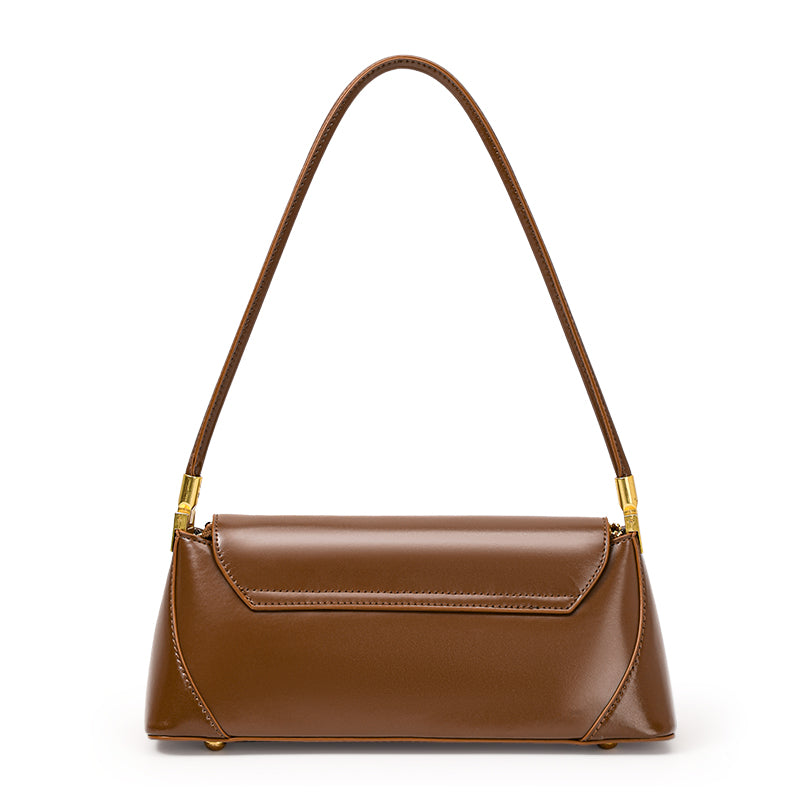 Genuine Cowhide Womens Underarm Shoulder Bag,Smooth Glossy Leather Retro Flap Handbag,Long Strap Rectangular Shoulder Purse