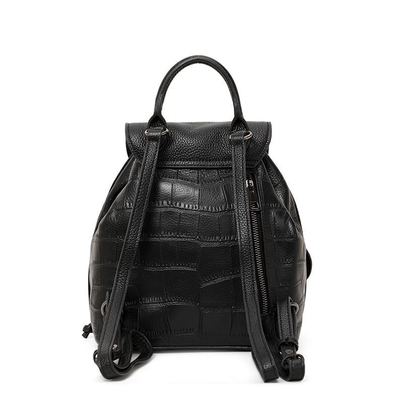 Genuine Cowhide Womens Backpack,Crocodile Embossed Drawstring Daypack,Flap Buckle Multi Pocket Travel Shoulder Bag