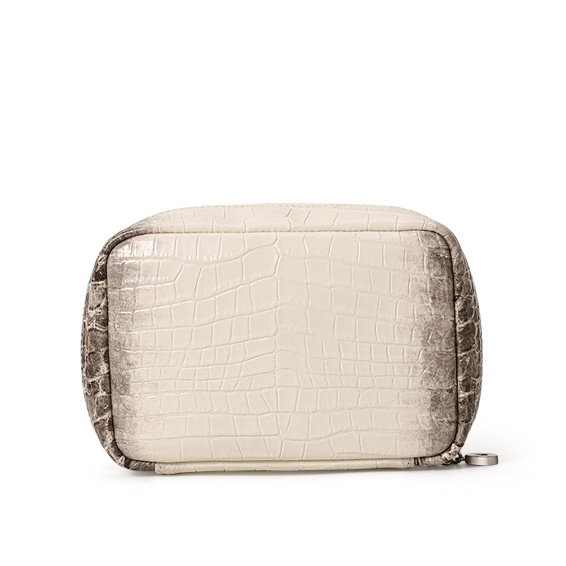 Genuine Cowhide Womens Makeup Pouch,Gradient Croc Embossed Case,Multi Internal Pocket Portable Travel Cosmetic Storage Bag