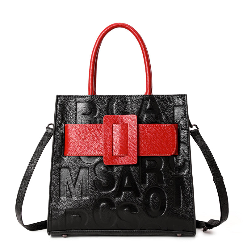Genuine Cowhide Womens Handheld Tote Bag,Embossed Letter Square Handbag,Two Tone Buckle Large Capacity Office Purse With Multi Layer Inner Pockets