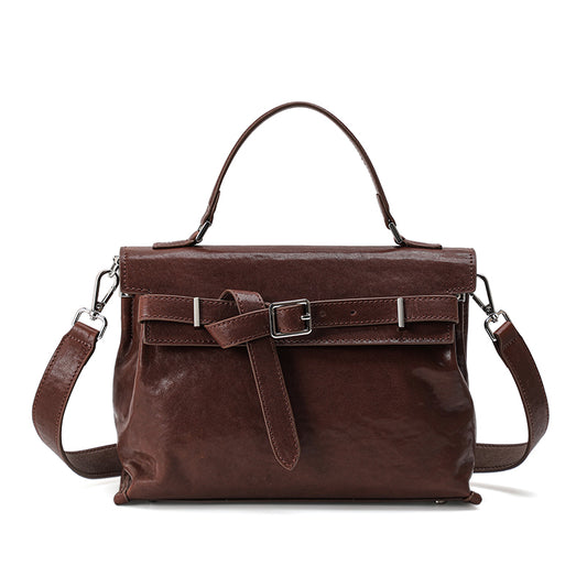 Genuine Cowhide Women's Flap Handbag, Waxed Crinkle Multi-Compartment Satchel, Detachable Strap Crossbody Shoulder Bag