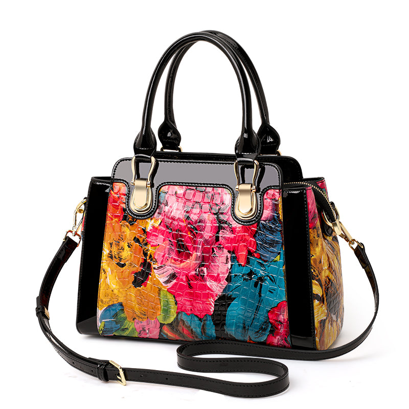 Genuine Cowhide,Glossy Floral Crocodile Grain,Top Handle Satchel Bag,Art Print Women Convertible Handbag,Hand Carry,Cross Shoulder Carry,Daily Commute,Party Travel