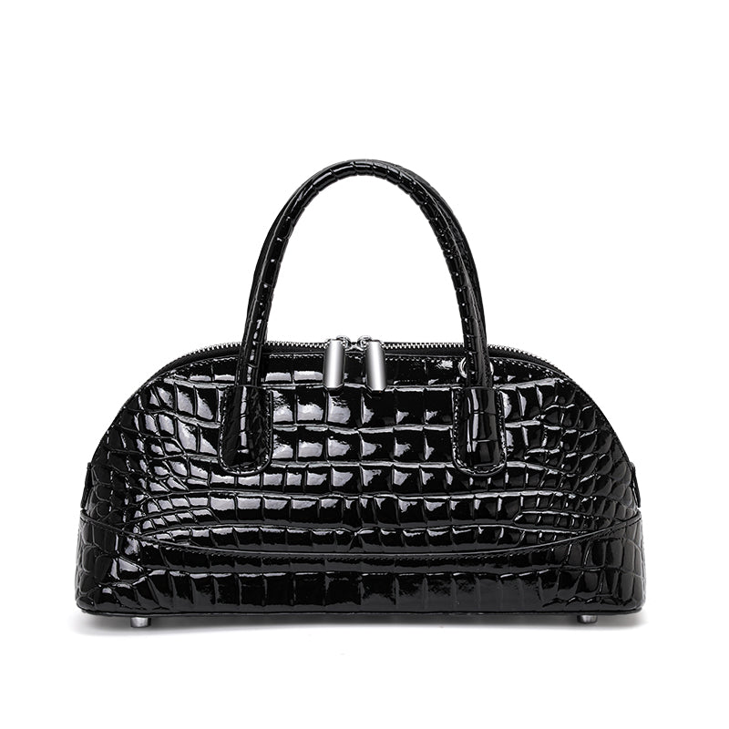 Genuine Cowhide Womens Handheld Crossbody Bag,Glossy Crocodile Embossed Shell Purse,Detachable Strap Vintage Evening Handbag