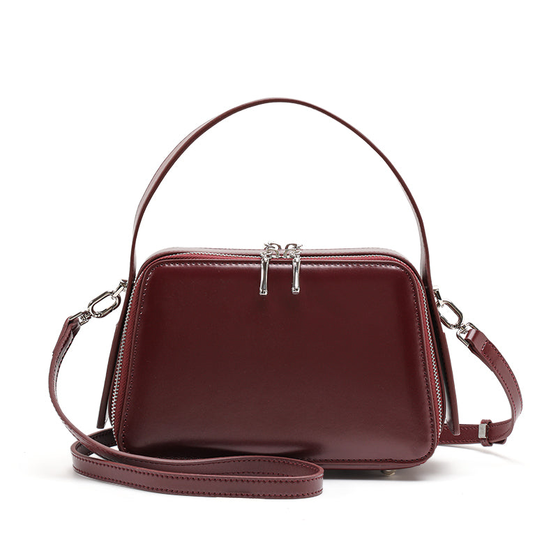 Genuine Smooth Cowhide Womens Box Bag,Multi Compartment Square Purse,Detachable Strap Burgundy Vintage Crossbody Handbag