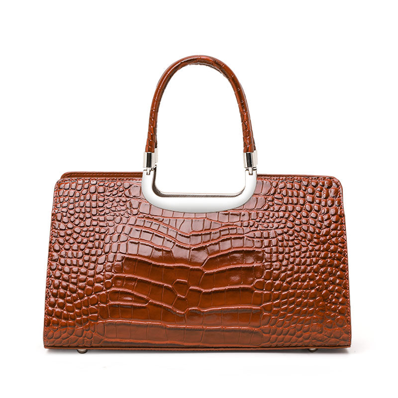 Genuine Cowhide,Glossy Crocodile Grain,Rectangle Tote Bag,Women Convertible Work Bag,Hand Cross Carry,Office Business Trip