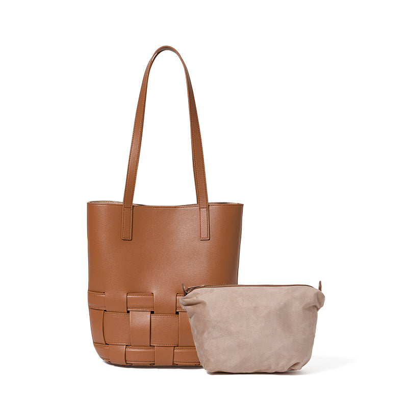 Genuine Cowhide Vertical Woven Bucket Tote Handbag,Detachable Zipper Storage Pouch Multi Layer Pocket Magnetic Snap Womens Daily Commute Shoulder Purse
