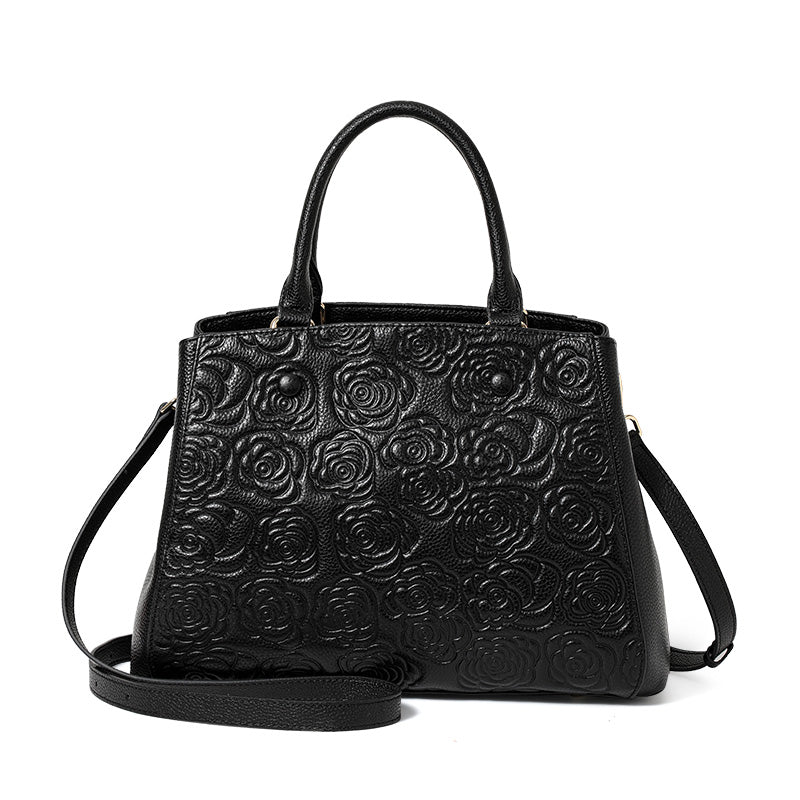 Genuine Cowhide Embossed Rose Floral Womens Commute Handbag,Horizontal Spacious Multi Pocket Business Crossbody Shoulder Tote Purse