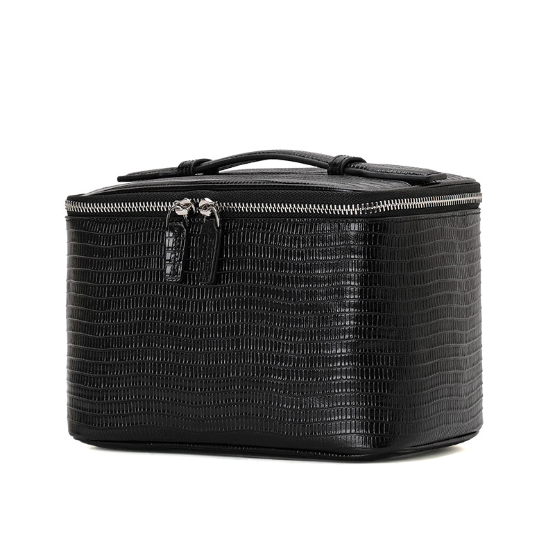 Genuine Cowhide Womens Cosmetic Case,Lizard Embossed Structured Handheld Large Capacity Multi Compartment Travel Toiletry Organizer