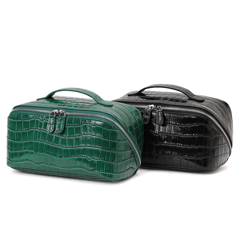 Genuine Cowhide Womens Cosmetic Bag,Crocodile Embossed Rounded Structured Handheld Large Capacity Multi Compartment Travel Toiletry Pouch