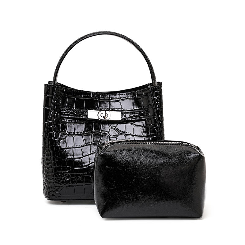 Genuine Cowhide,Crocodile Glossy Grain,Bucket Bag,Women Convertible Crossbody Bag,Hand Carry,Cross Shoulder Carry,Daily Commute,Short Travel