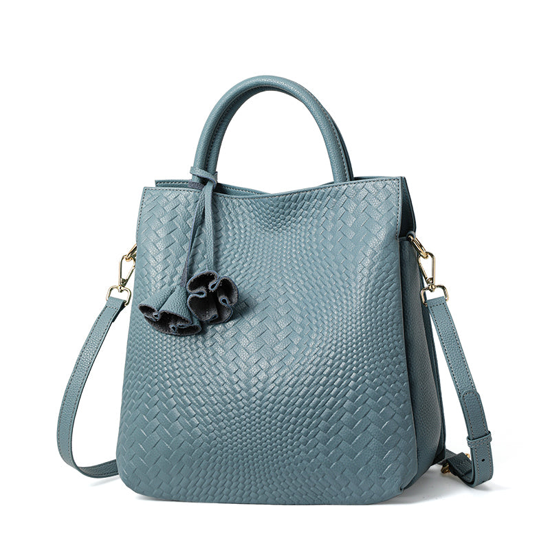 Genuine Cowhide Womens Woven Tote Handbag,Multi Color Vertical Shoulder Purse,Detachable Crossbody Strap Large Capacity Daily Bag
