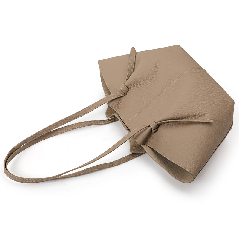 Genuine Cowhide Womens Shoulder Tote Bag,Pebbled Fan Shaped 子母 Purse,Apricot Large Capacity Commute Handbag With Drawstring Inner Pouch