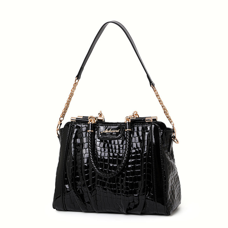 Genuine Cowhide Glossy Crocodile Embossed Womens Doctor Handbag,Black Multi Compartment Detachable Chain Single Shoulder Bag