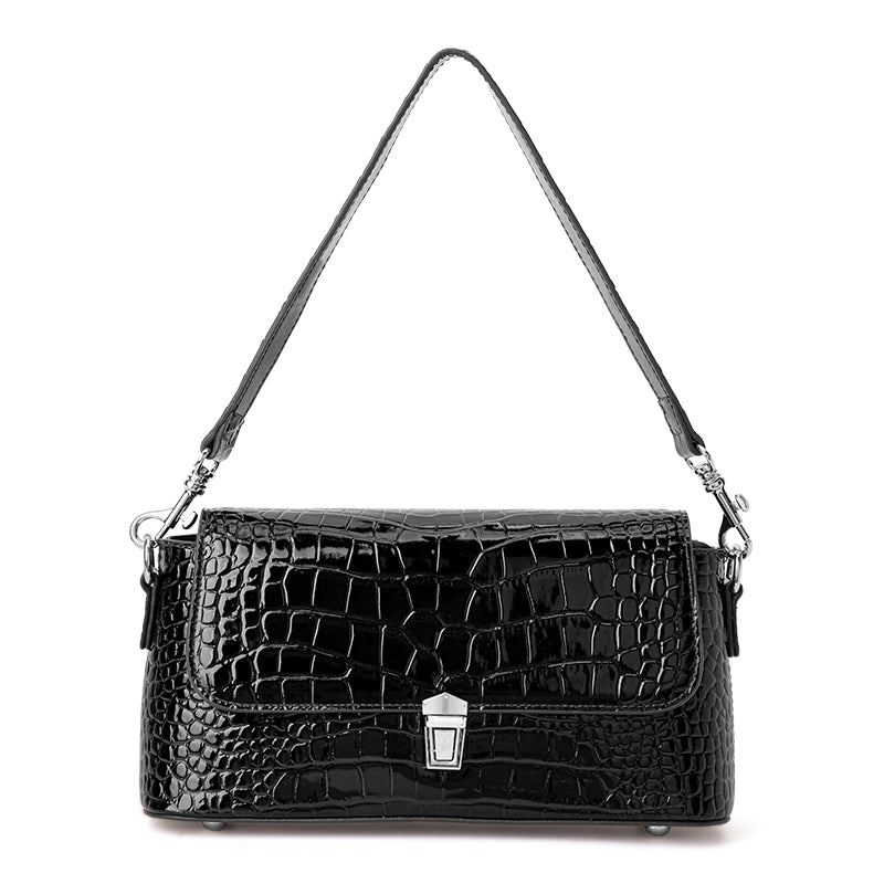Genuine Cowhide,Glossy Crocodile Grain,Flap Underarm Bag,Vintage Adjustable Crossbody Bag,Single Cross Carry,Daily Leisure Travel