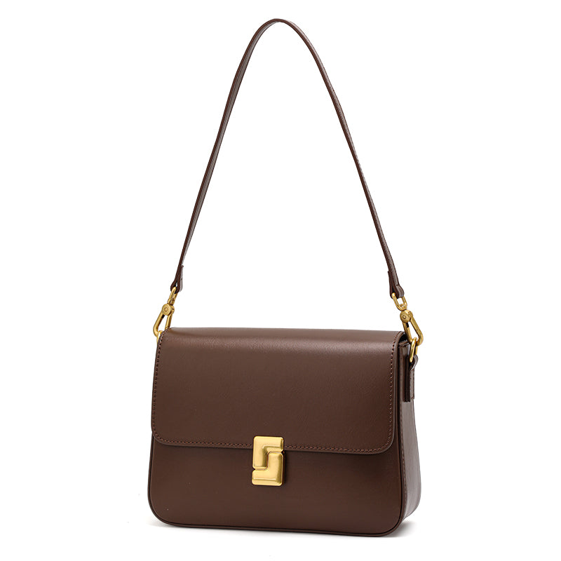 Genuine Cowhide Womens Shoulder Crossbody Bag,Smooth Plain Leather Flap Square Purse,Adjustable Strap Vintage Commute Handbag