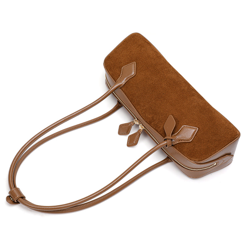 Genuine Suede Cowhide Womens Barrel Bag,Long Handheld Underarm Purse,Vintage Caramel Burgundy Single Shoulder Bag
