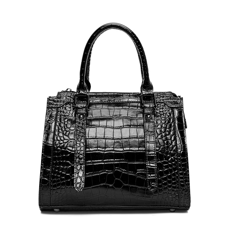 Genuine Cowhide Womens Bag,Glossy Croc Embossed Structured Tote,Detachable Shoulder Strap Large Business Handbag