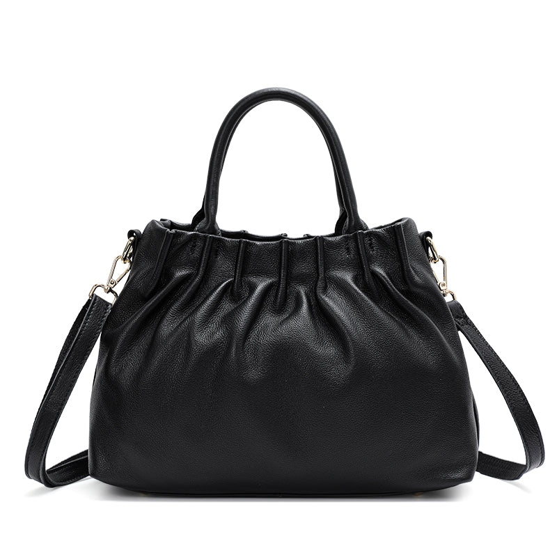 Genuine Cowhide Womens Handbag,Gathered Pebbled Cloud Tote,Detachable Strap Large Capacity Crossbody Purse