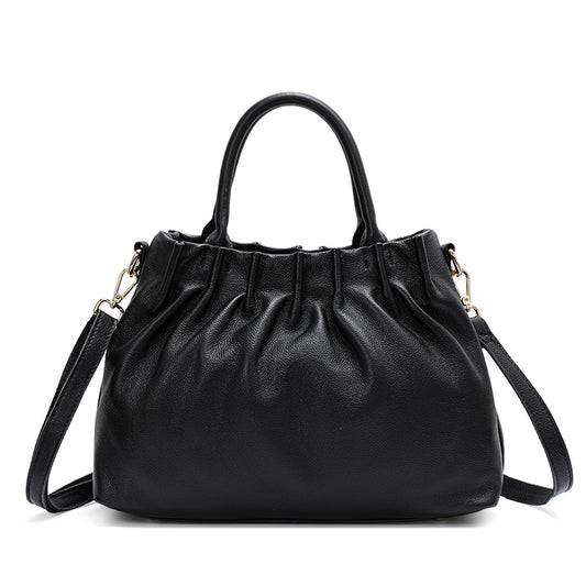 Genuine Cowhide Women's Handbag, Gathered Pebbled Cloud Tote, Detachable Strap Large Capacity Crossbody Purse