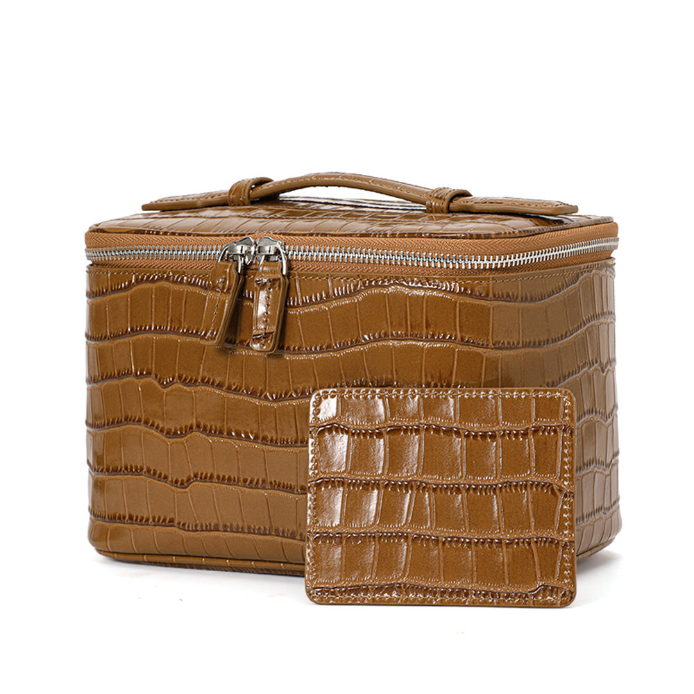 Genuine Cowhide Womens Cosmetic Case,Crocodile Embossed Structured Handheld Multi Compartment Travel Makeup Organizer