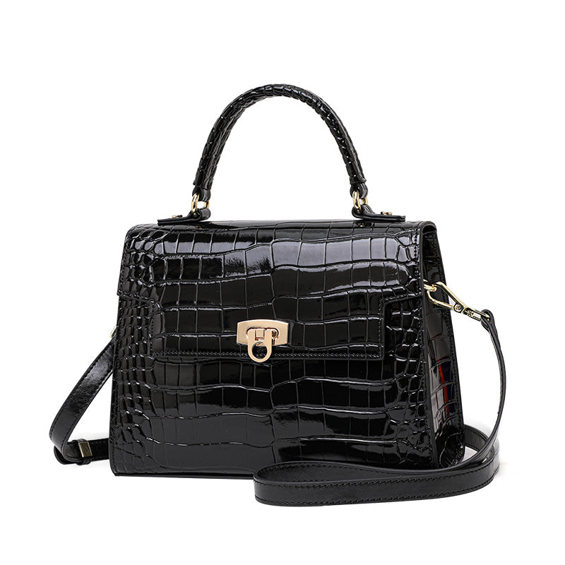 Genuine Cowhide Glossy Crocodile Embossed Flap Handbag,Detachable Crossbody Strap Twist Lock Multi Compartment Womens Two Way Carry Square Purse