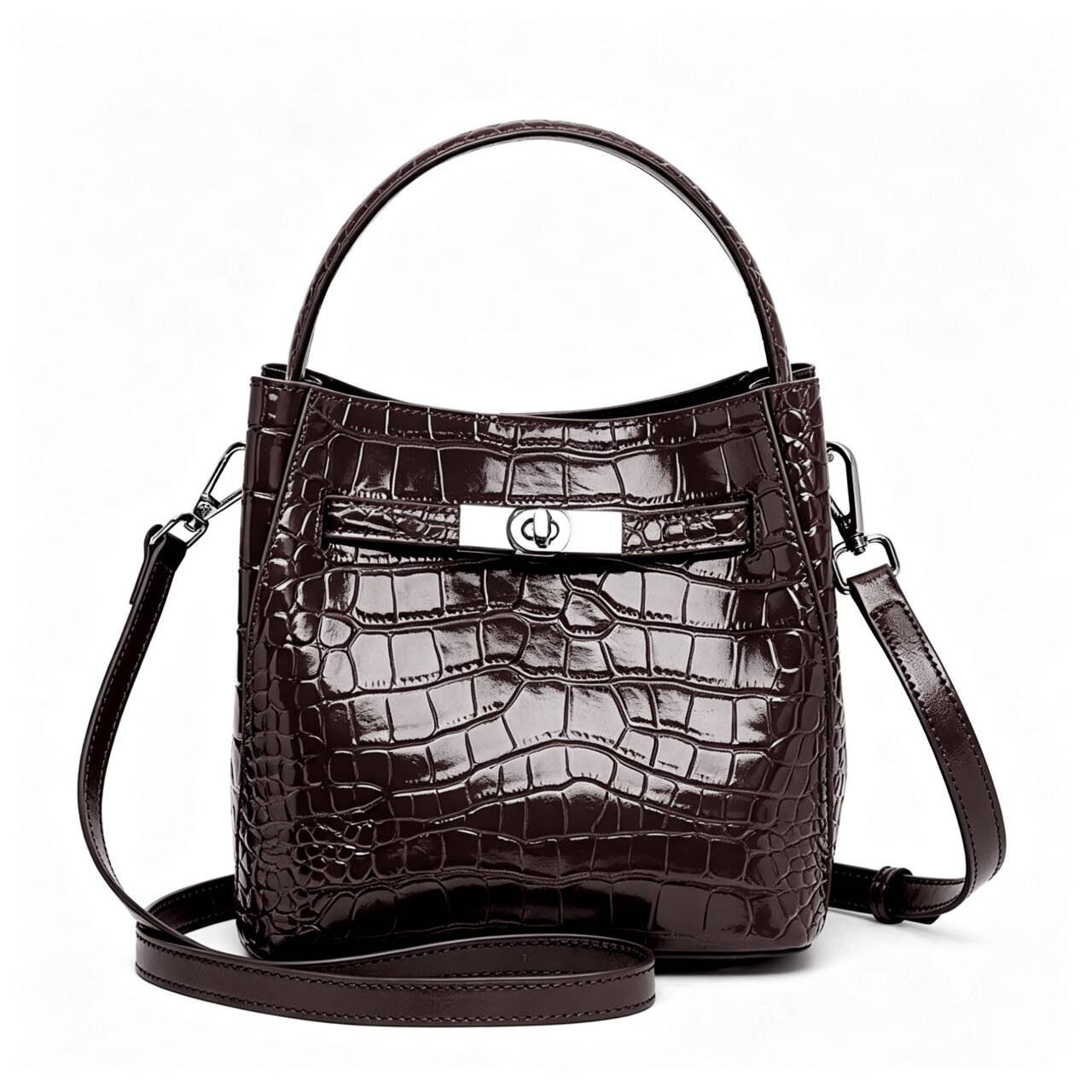 Genuine Cowhide,Crocodile Glossy Grain,Bucket Bag,Women Convertible Crossbody Bag,Hand Carry,Cross Shoulder Carry,Daily Commute,Short Travel