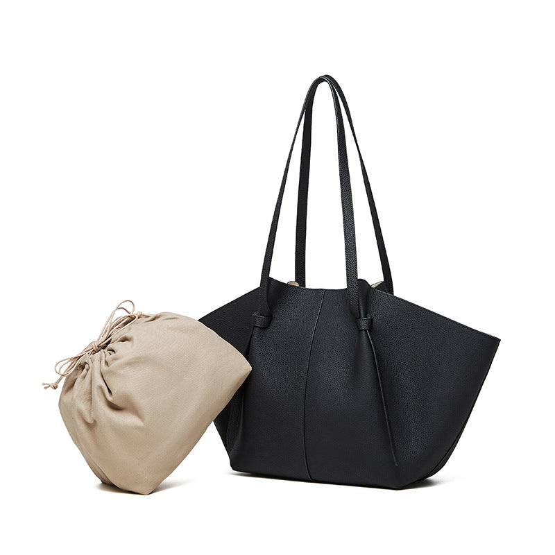 Genuine Cowhide Womens Shoulder Tote Bag,Pebbled Fan Shaped 子母 Purse,Apricot Large Capacity Commute Handbag With Drawstring Inner Pouch