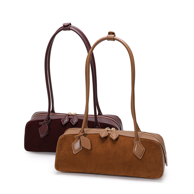 Genuine Suede Cowhide Womens Barrel Bag,Long Handheld Underarm Purse,Vintage Caramel Burgundy Single Shoulder Bag