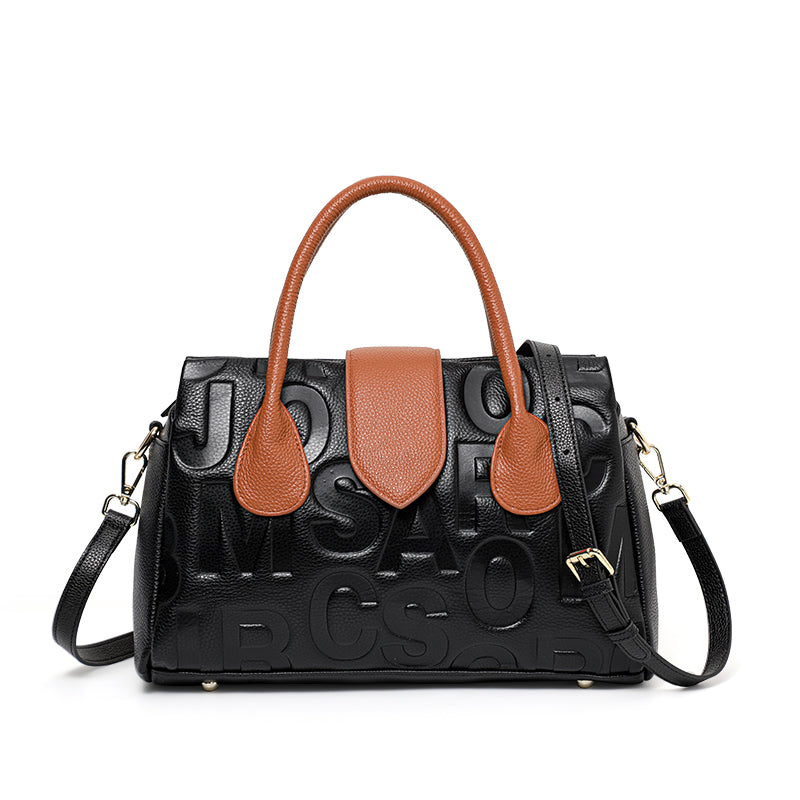 Genuine Cowhide Embossed Letter Color Block Womens Structured Pillow Handbag,Pebbled Multi Compartment Adjustable Crossbody Shoulder Bag
