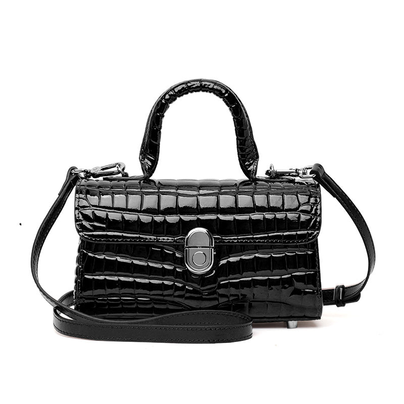 Genuine Cowhide Womens Handbag,Glossy Crocodile Embossed Mini Box Bag,Flip Lock Detachable Strap Crossbody Purse